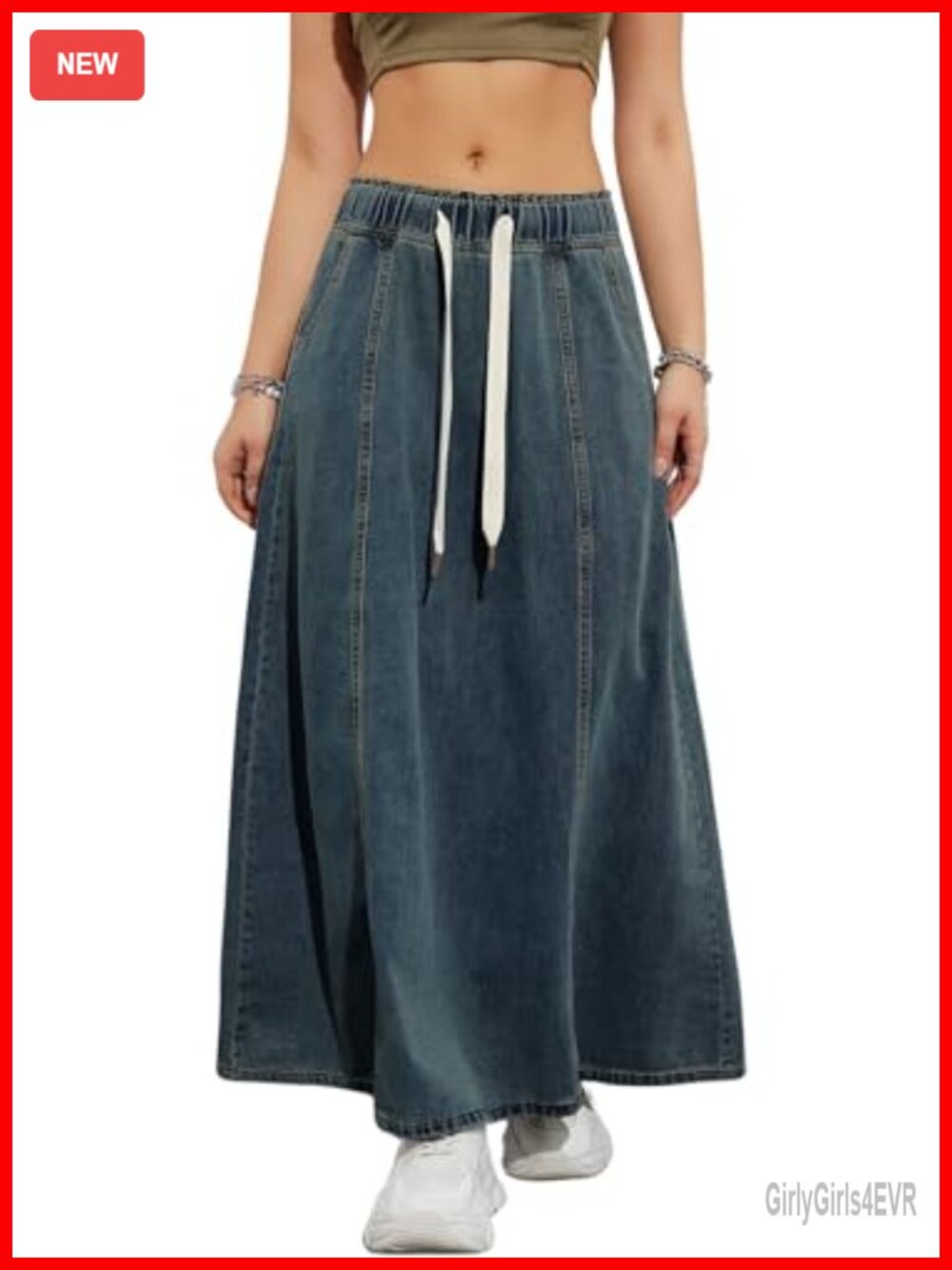 Women's High Waist A Line Long Maxi Flare Denim Skirt with Pockets